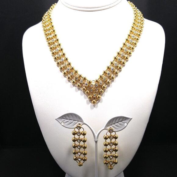 Rhinestone Choker Necklace Post Earrings Set, Light Weight Gold Tone, 18 Inches - Picture 1 of 7